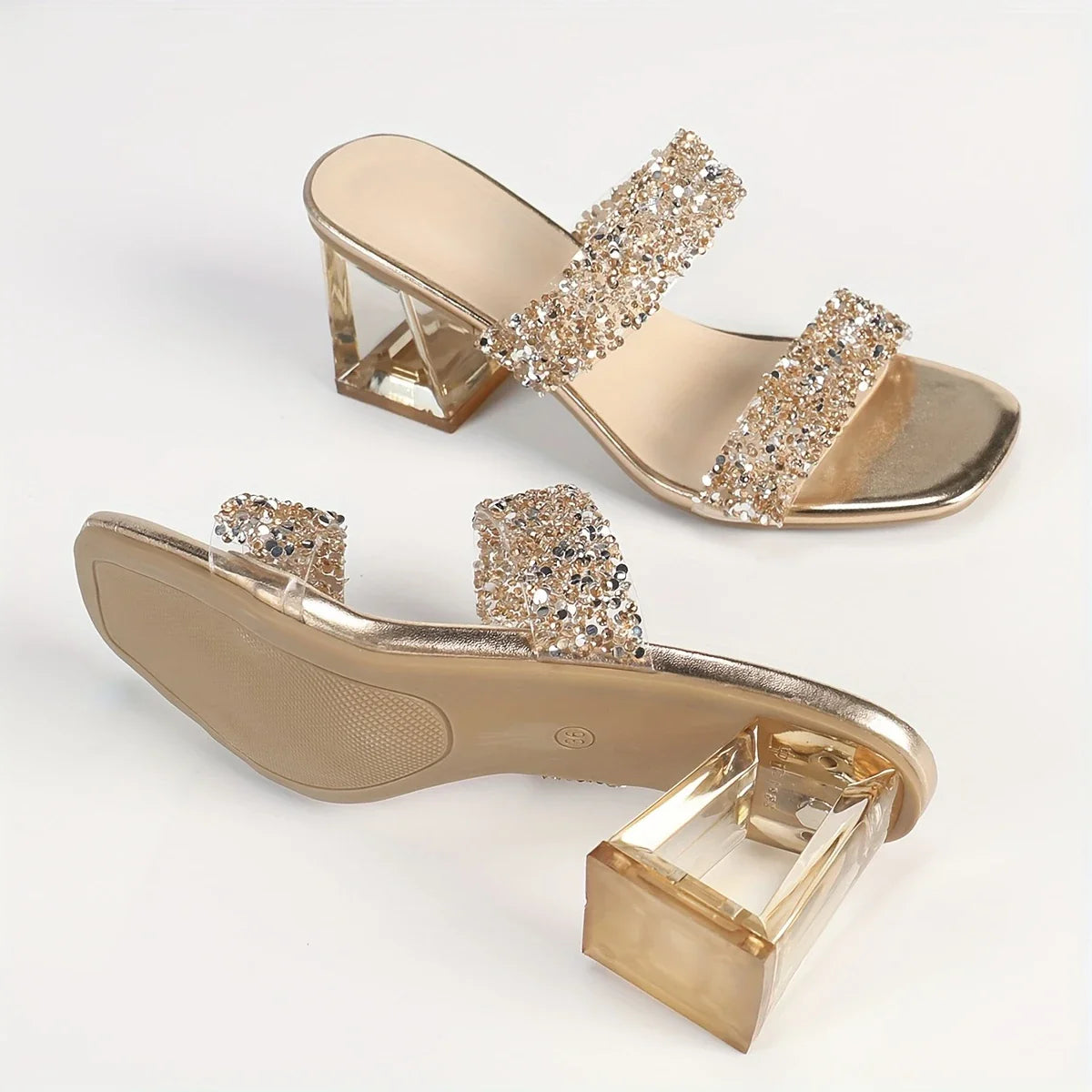 Auralynne – Doorzichtige sandalen met glitterbandjes en blokhak