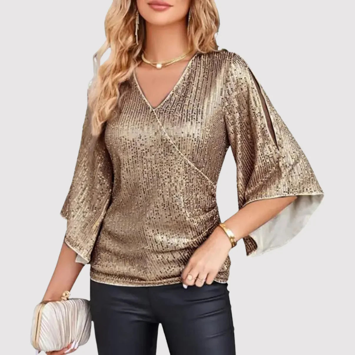 Oryza – Elegante paillettenblouse met fladderende mouwen