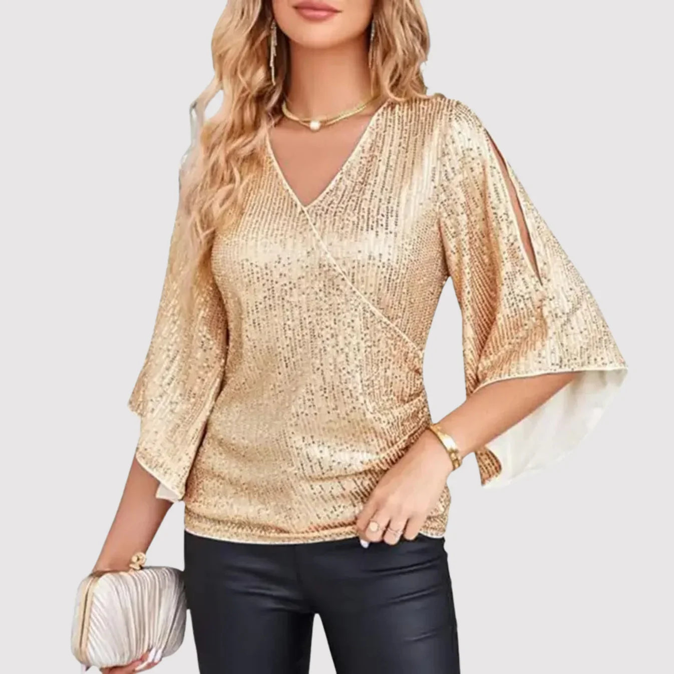 Oryza – Elegante paillettenblouse met fladderende mouwen
