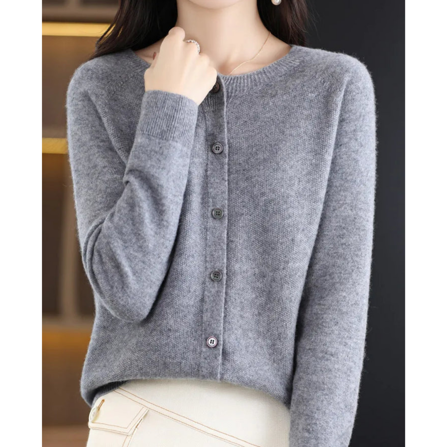 Akisha - Zuivere Merinowol Dames O-hals Cardigan Kasjmier Trui