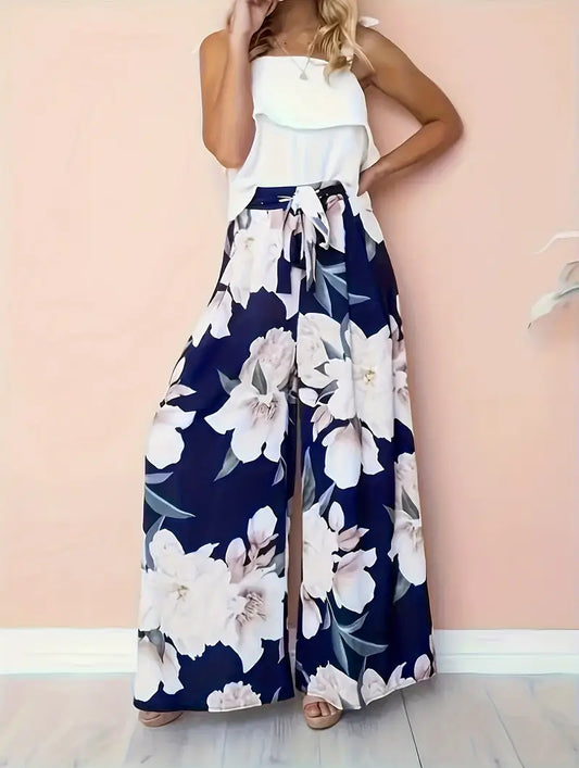 Aisling – Bloemenprint, hoge taille, wijde palazzo-broek met strikceintuur