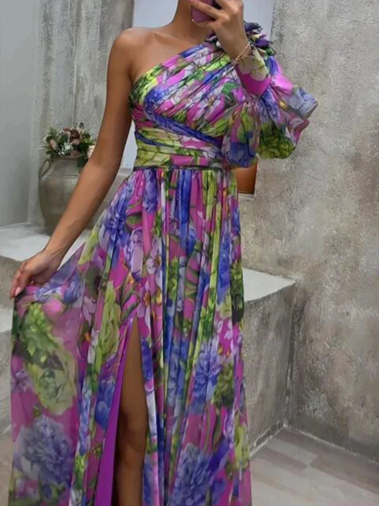 Lilac -  Paarse geprinte maxi-jurk met zijsplit en één mouw