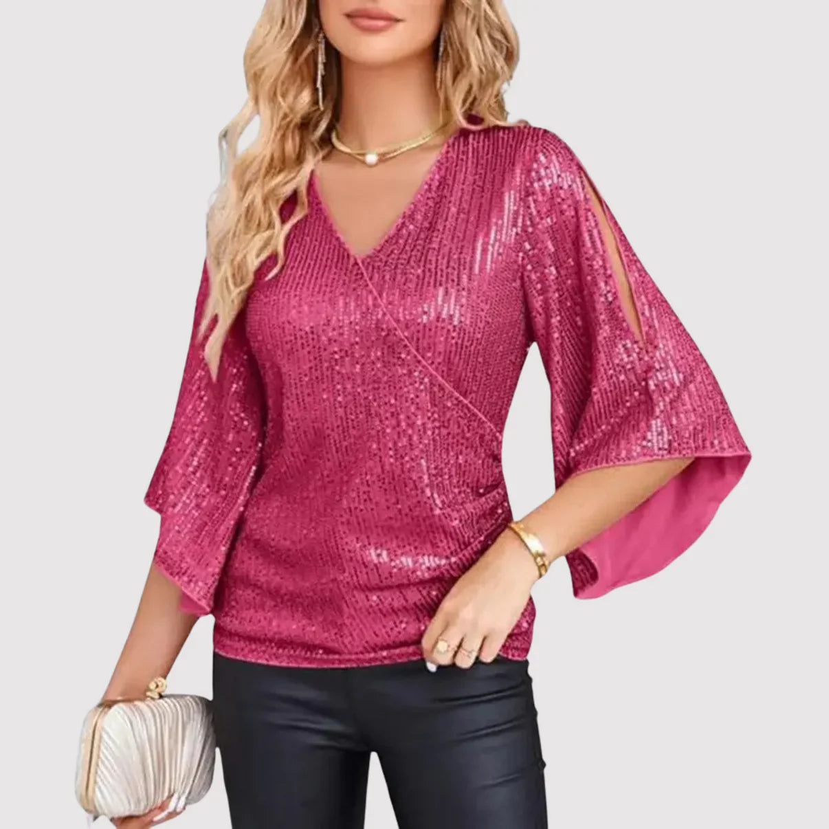 Oryza – Elegante paillettenblouse met fladderende mouwen