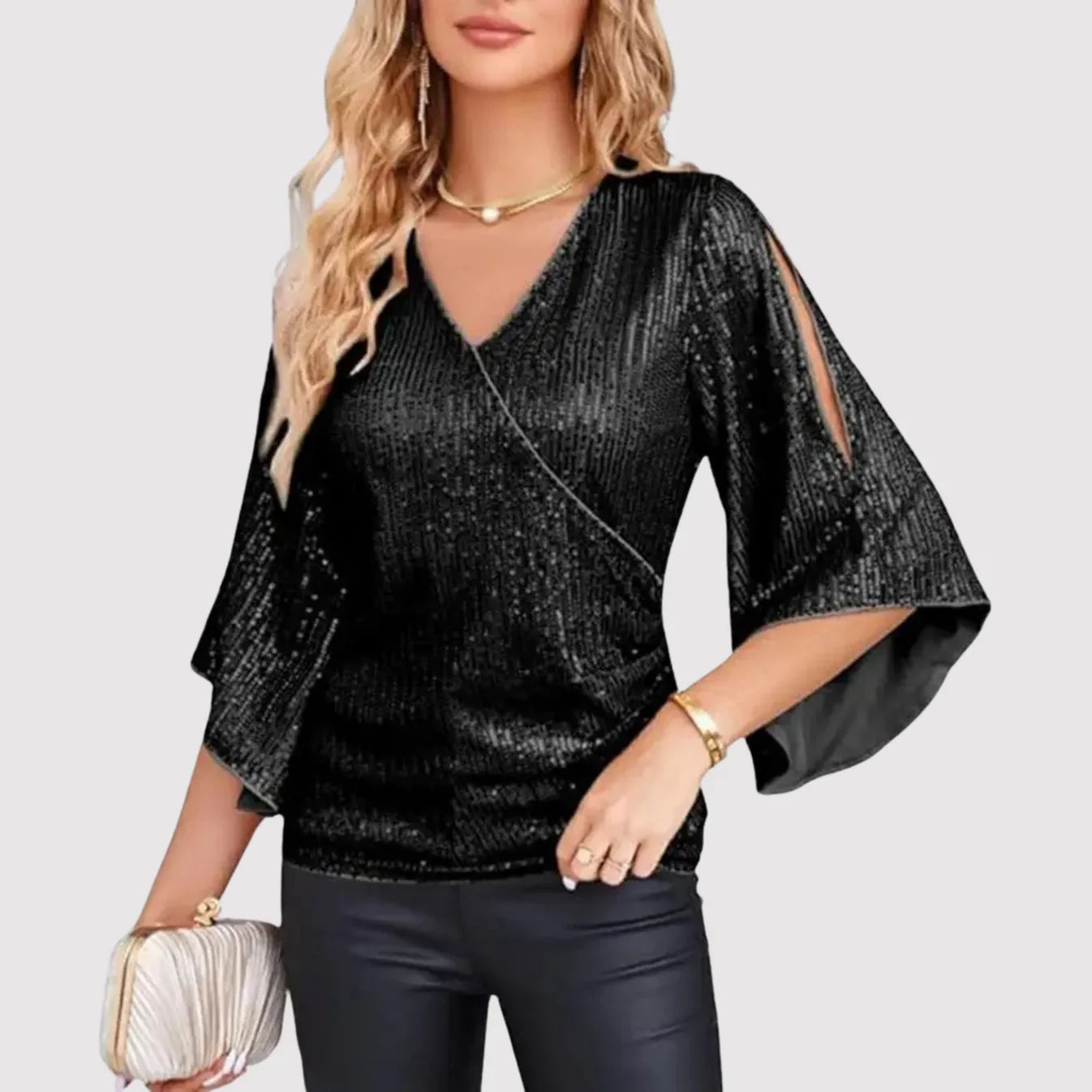 Oryza – Elegante paillettenblouse met fladderende mouwen