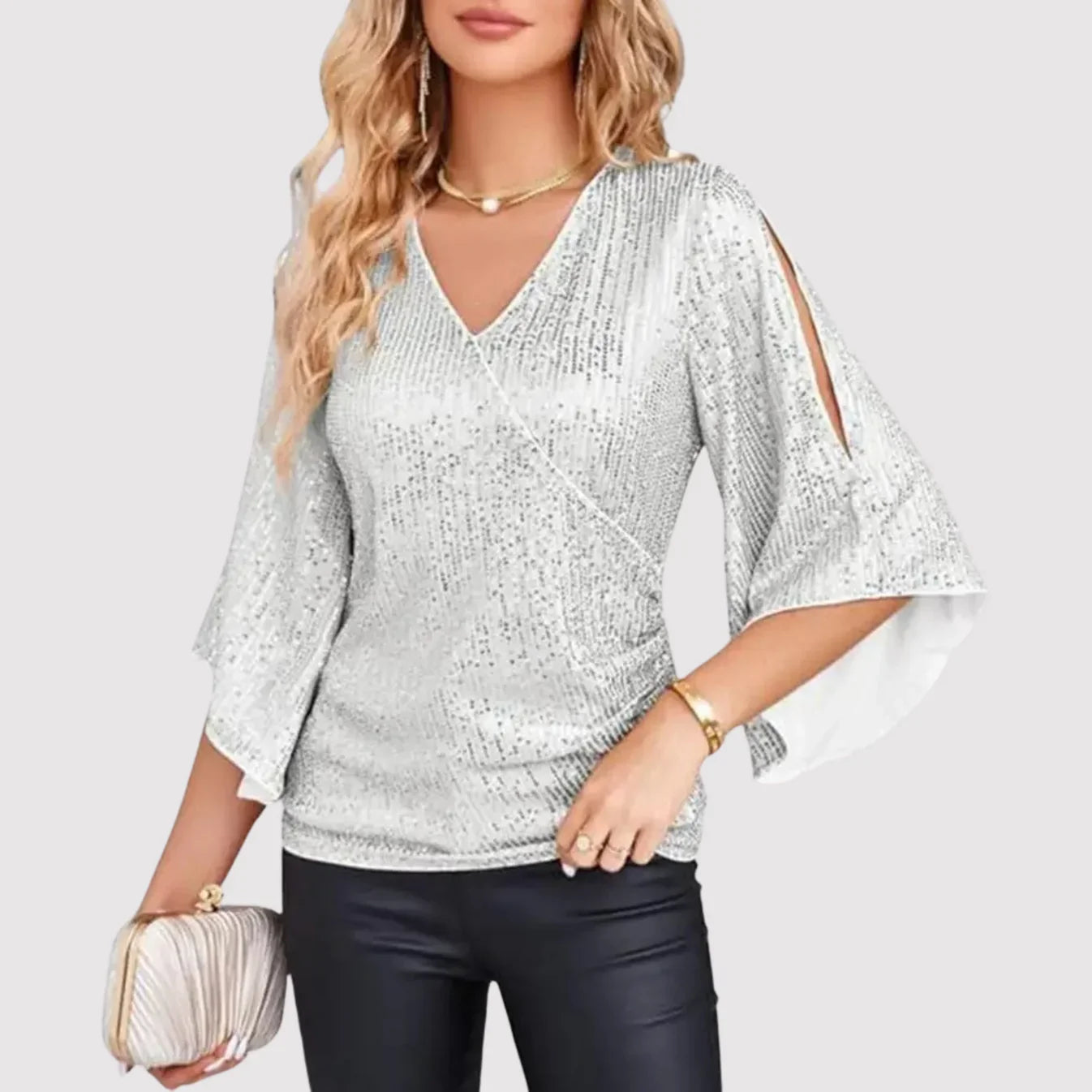 Oryza – Elegante paillettenblouse met fladderende mouwen