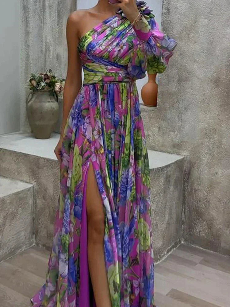 Lilac -  Paarse geprinte maxi-jurk met zijsplit en één mouw