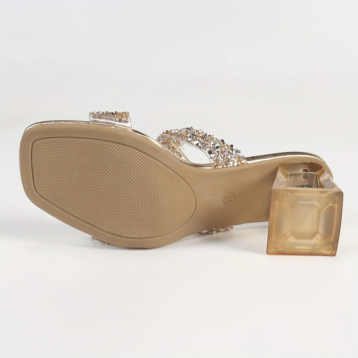 Auralynne – Doorzichtige sandalen met glitterbandjes en blokhak